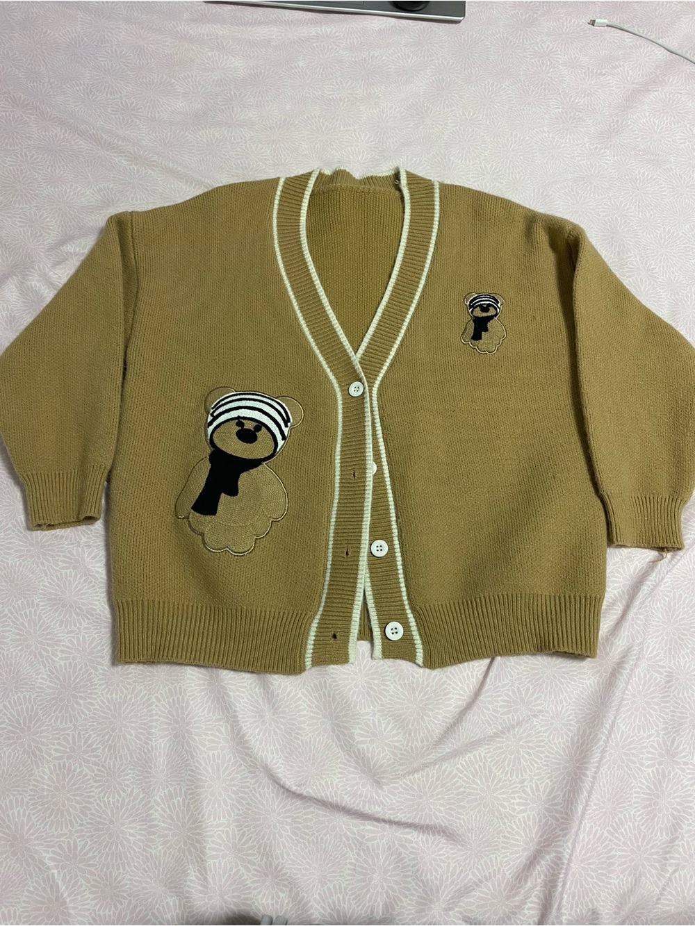 Women’s Camel Bear Patch V-Neck Cardigan Sweater